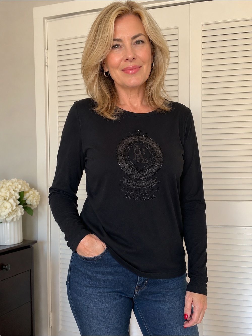 Lauren Ralph Lauren Black Long-Sleeve Crewneck  Embossed beaded Crest cotton M